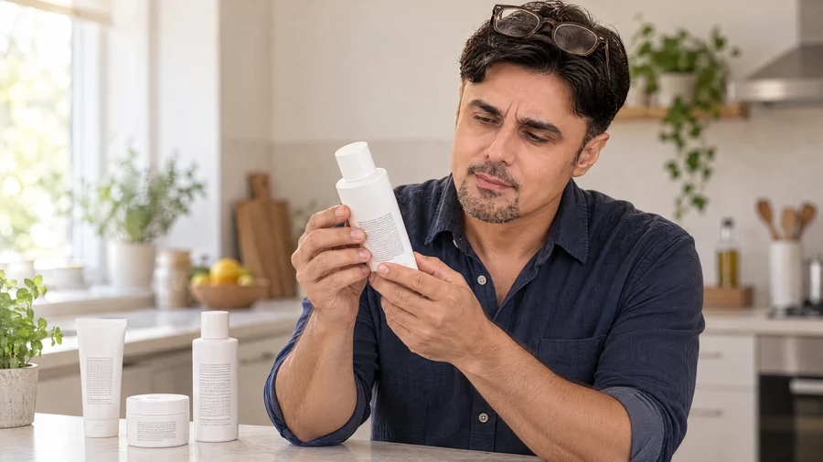 Ujlaki Csaba citește lista de ingrediente de pe spatele unui flacon cosmetic, în bucătărie