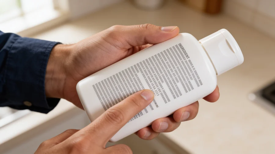 Prim-plan cu lista de ingrediente de pe spatele unui flacon cosmetic, cu degetul indicând textul