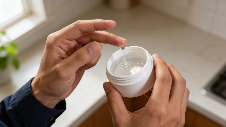 Gel transparent de aloe vera ridicat pe vârful degetului dintr-un borcan cosmetic deschis