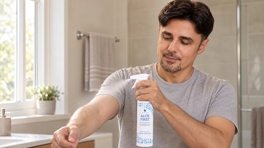 Ujlaki Csaba pulverizează un spray cosmetic cu aloe vera pe antebraț, în lumină naturală