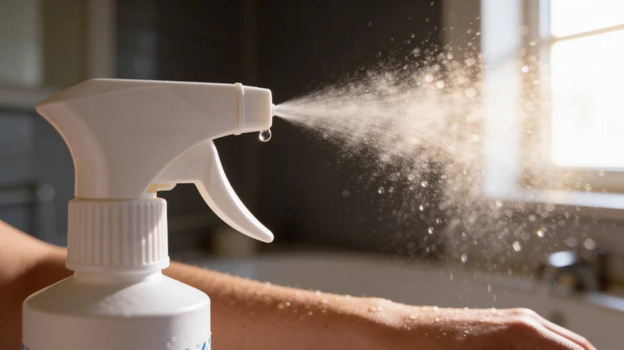 Capul de pulverizare al unui flacon spray, cu ceața fină vizibilă în lumina zilei