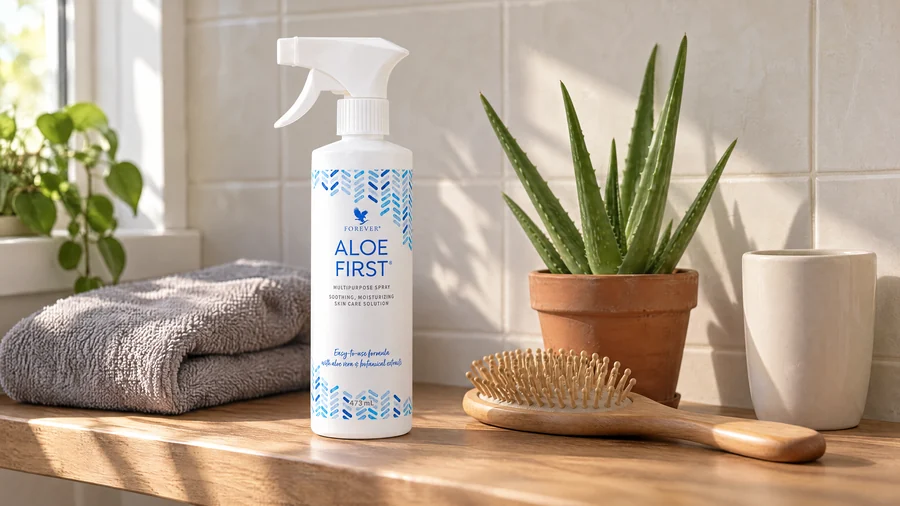 Flaconul de Aloe First pe un raft de baie, lângă un prosop, o perie de lemn și o plantă de aloe vera